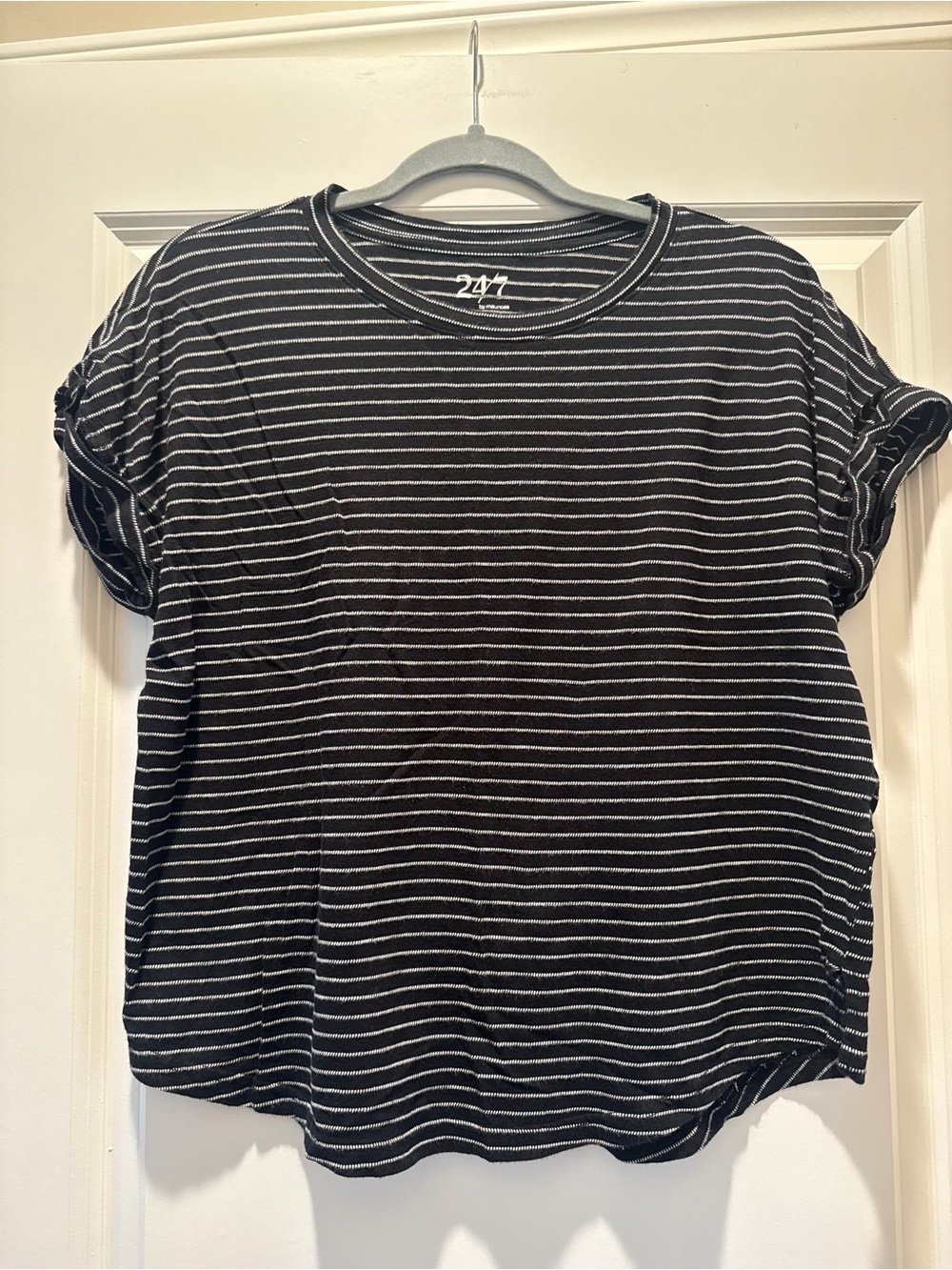 Everyday Black & White Stripe Crewneck Tee by 24/7 - Women's Short Sleeve